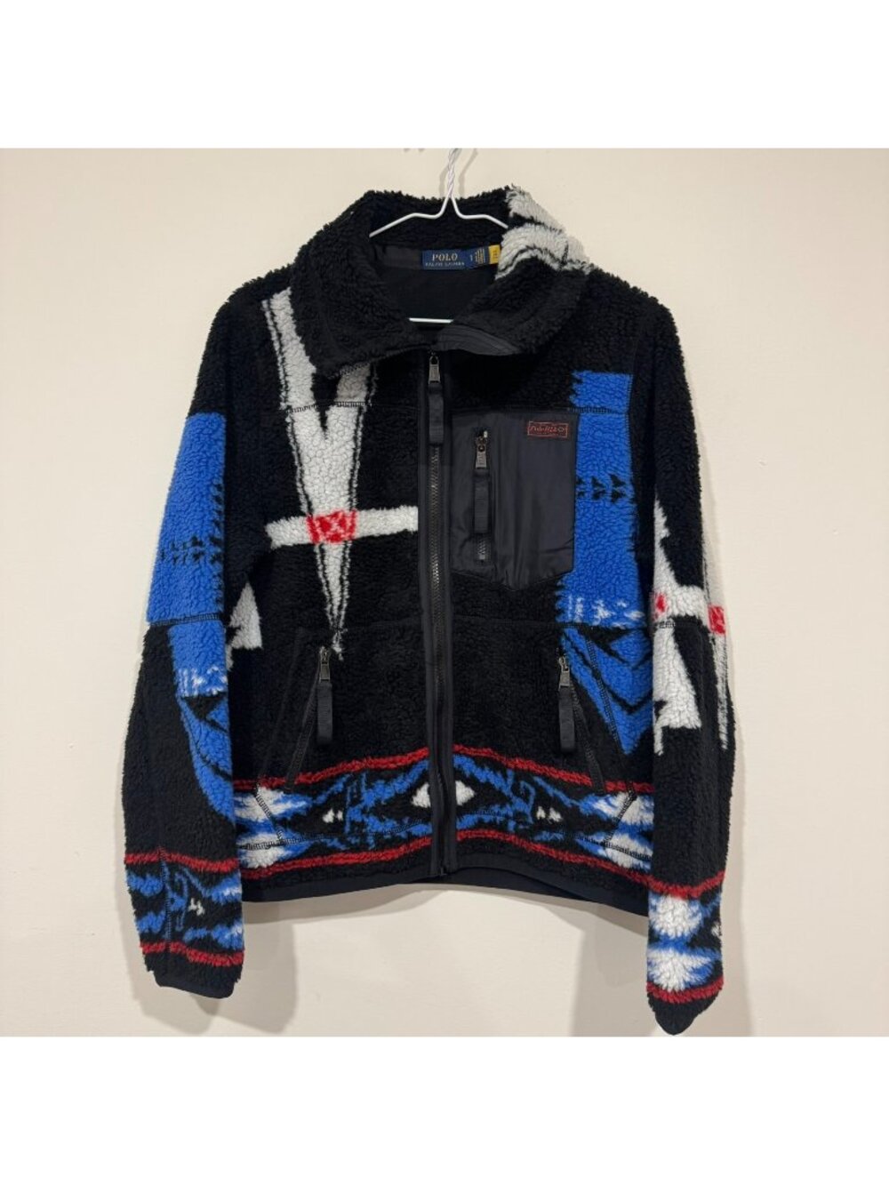 Polo Ralph Lauren Womens Aztec Navajo Deep Pile Fleece Jacket Size S Black Blue